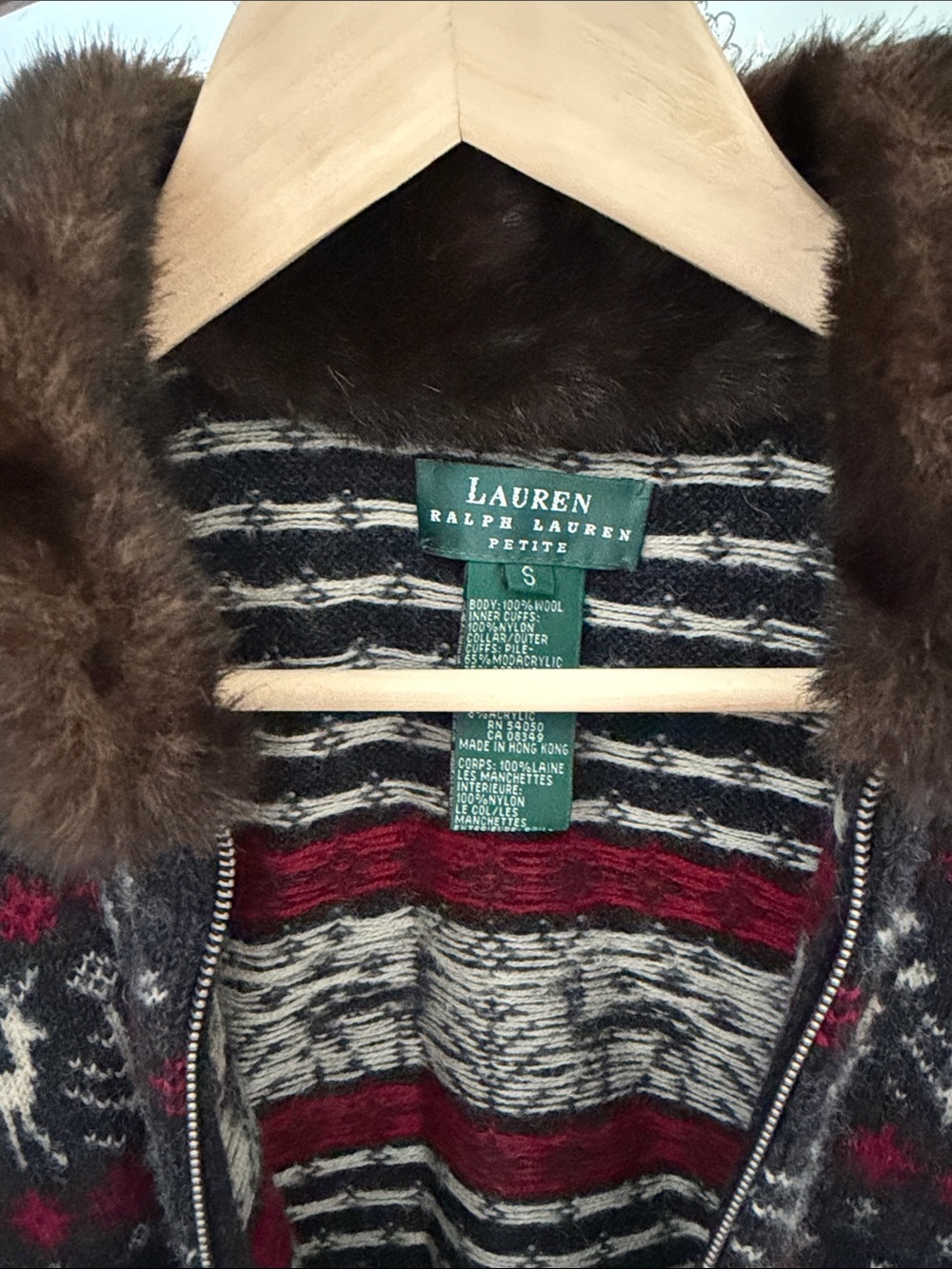 Lauren by Ralph Lauren Fair Isle Zip Cardigan with faux fur size small - Picture 4 of 4